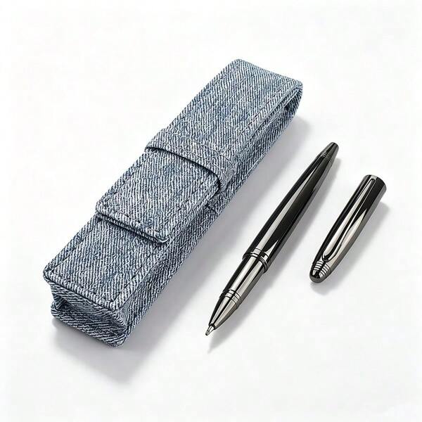 Elegant Detachable Black Metal Ballpoint Pen With Portable Blue Denim Single Pen Pouch, High-End Business Signature Pen, Ideal Gift For Office Staff And Students