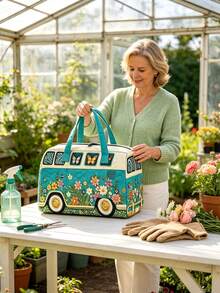1pc Floral Bus Travel Storage Bag, Foldable Storage Bag, Multi-Functional Storage Bag, Butterfly Floral Bus Pattern Design, Simple And Fashionable. Large Capacity Tote Bag Style, Suitable For Outdoor, Travel, Gym, Dorm Storage, Holiday Gift, Travel Bag, Toiletry Bag, Makeup Bag, Travel Essential, Back To School, Halloween, Gift Essential, Home Storage Essential - Multicolor - View 4