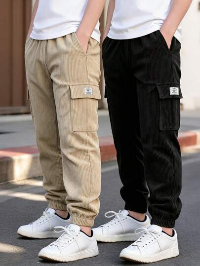 2pcs/Set Tween Boys' Spring/Autumn Fine Corduroy Fabric Cargo Jogger Pants, Classic Dual-Color Combination With Cargo Pockets And Logo Label, Casual Everyday Versatile Long Pants