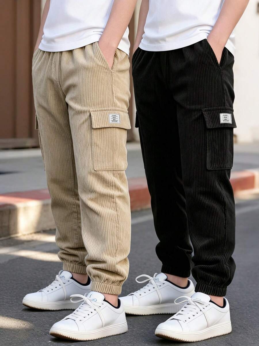 2pcs/Set Tween Boys' Spring/Autumn Fine Corduroy Fabric Cargo Jogger Pants, Classic Dual-Color Combination With Cargo Pockets And Logo Label, Casual Everyday Versatile Long Pants - Multicolor - View 1