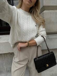 Women's Autumn White Cable Knit Embroidered Butterfly Crew Neck Slim Fit Long Sleeve Sweater, Suitable For Daily Shopping, Cafe Check-In, Commuting - White - View 7