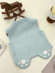 WUHUANG YIYI Baby Girl/S Cute Cartoon Cat Face Graphic Hem Design Knitted Sweater Vest, Suitable For Autumn/Winter - الأزرق - مشاهدة 3