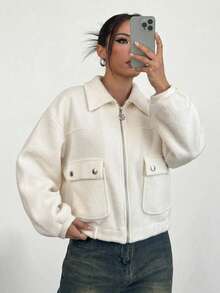 Women's Comfortable Loose Beige Jacket, Open Collar, Zipper Design, Decorative Pockets, Suitable For Autumn/Winter Wear - Apricot - View 5
