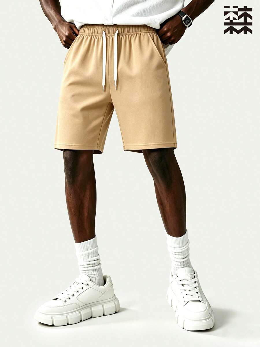 Mulinsen Men's Drawstring Elastic High Waist Straight Leg Bermuda Shorts, Solid Color Minimalist Casual Sports Shorts, Loose Fit Mid-Length Pants - Khaki - View 1