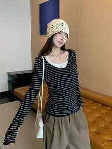 Women's Striped 2 In 1 Knit Sweater, Loose Casual Versatile Long Sleeve Top For Spring And Autumn - Black - View 2