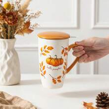 1pc 490ml/16.5oz Cottagecore Autumu Ceramic Tea Cup With Infuser And Lid, Hello Pumpkin Large Capacity Porcelain Coffee Cup Infuser Mug For Loose Leaf Tea Coffee Cocoa, Fall Home Kitchen Decor Drinkware, Gift For Halloween Thanksgiving Harvest - Multicolor - View 5