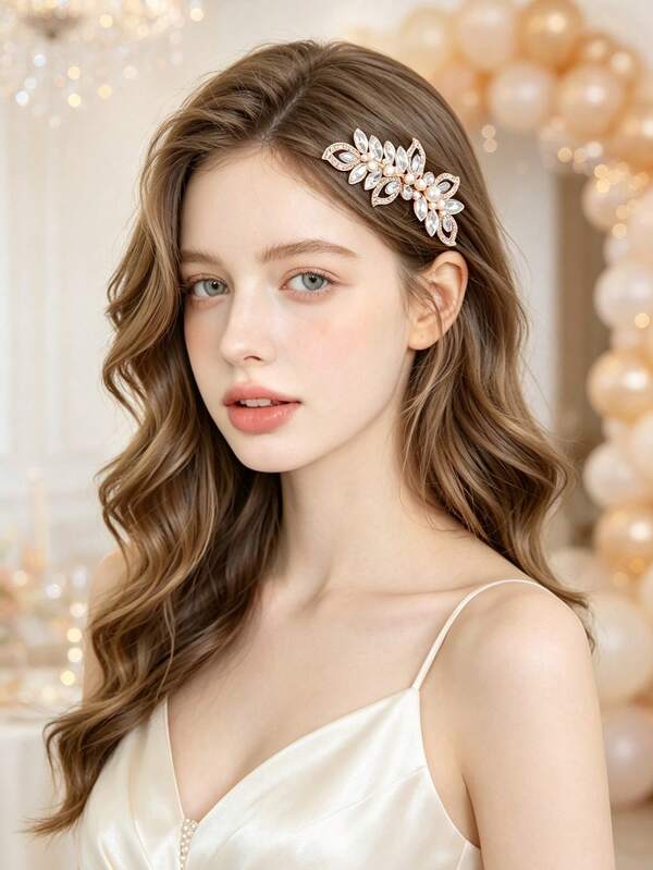 1件復古珍珠水晶側邊髮梳，極簡優雅新娘婚禮髮飾