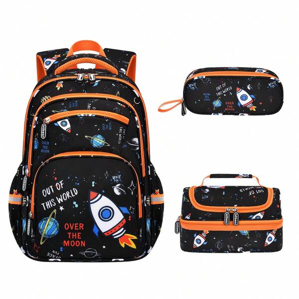 3pcs Men's Backpack, Handbag And Portable Storage Bag Set, With Fashionable Pattern, With Trolley Sleeve, Multi-Pocket Large Capacity Backpack, Suitable For Campus, Travel, Camping, Holiday Gift.