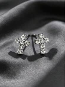 1 Pasang Anting Tusuk Salib Kristal Wanita - Perak - View 6