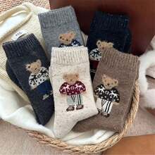 1/5 Pairs Women's Cute Cartoon Mid-Calf Socks, Teddy Bear Pattern Design, Long Socks, Suitable For Daily Wear, Gift For Girlfriend, Autumn/Winter Season, Christmas Gift - Multicolor - View 3
