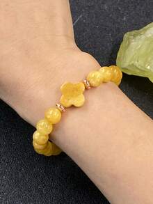 1pc Natural Yellow Jade Four-Leaf Clover Stretch Bracelet, Symbol Of Luck, Prosperity, Wealth, Bohemia Cross Fashion Jewelry Unisex Gift For Women Men - Yellow - View 7