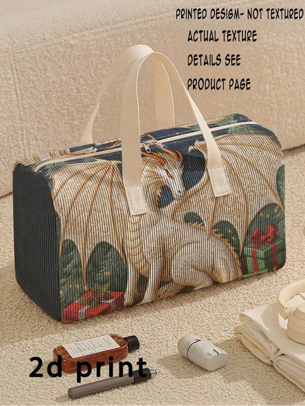 1pc Corduroy Luggage Bag, Dragon Pattern Print Large Capacity Beach Bag, Crossbody Bag, Tote Bag, Travel Bag, Gym Bag, Portable, Lightweight, Fashionable, Home Use, Lightweight Beige Large Capacity Tote Bag Suitable For Boys And Girls Teenagers Ideal Gift