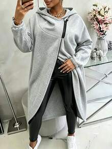 Moletom Casual Elegante Plus Size de Cintura Alta, Cor Sólida com Zíper e Barra Tulipa, Adequado para o Outono - Cinza - Visão 1