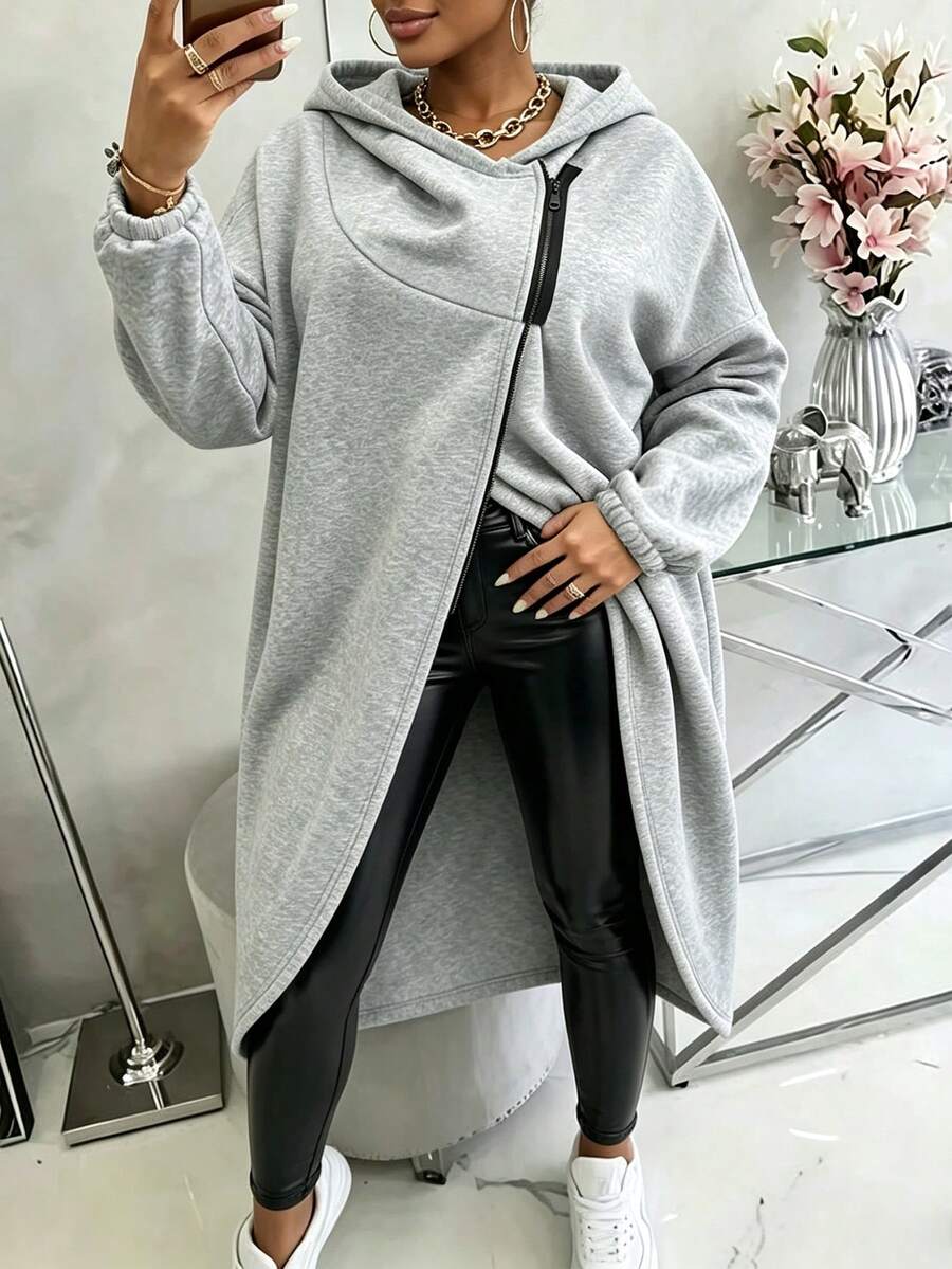 Moletom Casual Elegante Plus Size de Cintura Alta, Cor Sólida com Zíper e Barra Tulipa, Adequado para o Outono - Cinza - Visão 1