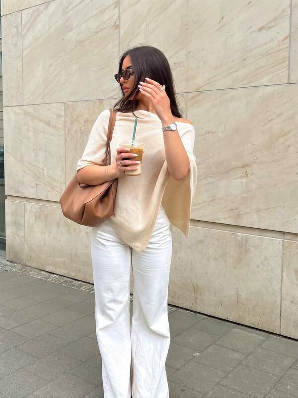 SEREN New Round Neck Women's Blouse, Loose Fit, Asymmetrical Hem Design, Apricot Top, Suitable For Vacation And Casual Wear