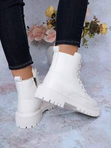 Sepatu bot wanita model rendah, warna polos, bertali, dengan lubang tali logam dan ritsleting samping, sepatu bot pergelangan kaki hangat dan modis untuk musim gugur/musim dingin. - Krem - View 4