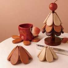 Set Alas Piring dan Tatakan Gelas Kayu Pohon Natal, Tahan Panas, Dekorasi Meja Natal untuk Rumah, Cocok untuk Bufet - View 6
