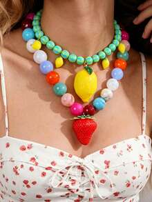 1pc Bohemian Style Y2K Creative Fashion Elegant Exquisite Glamorous Personalized Exaggerated Cute Fruit Series High-Quality Dopamine Color Resin Beaded 3D Strawberry/Lemon Pendant Necklace For Women Sisters Couples Prom/Graduation Jewelry Gift, Suitable For Daily Wear, Dating, Wedding, Party, Holiday, Summer Beach Vacation - necklace - View 1