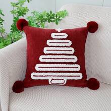 1pc Christmas Pom Pom Pillow Case, Red & Green Christmas Tree Embroidered Pattern Decorative Cushion Cover, Winter Holiday Home Sofa Soft Decor, Pillow Insert Not Included - Green - View 8