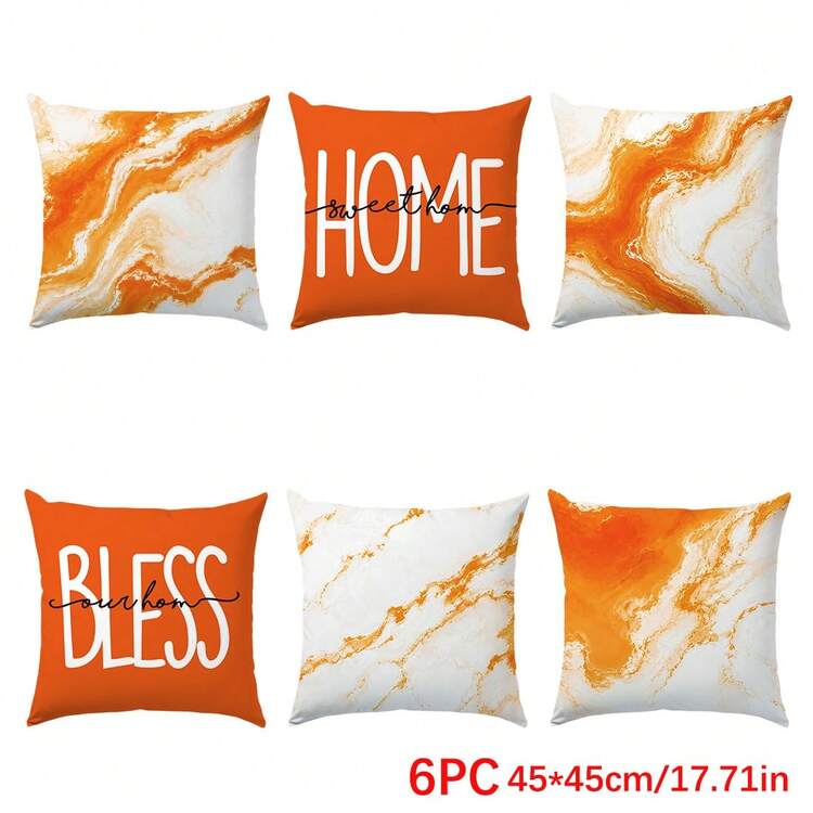 6pcs Minimalist Daily Home Orange Marble Pattern Cushion Covers, Single-Sided Printed Peach Skin Velvet Material, 45*45/40*40/50*50CM Pillowcases For Modern Fabric Sofa Indoor Decoration, Party Decoration, Gift Giving - 6PC-orange - View 5
