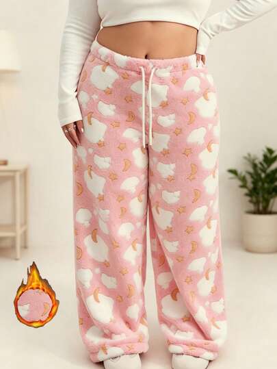 Women's Plus Size Autumn/Winter Flannel Thickened Cloud Pattern Waistband Drawstring Wide Leg Long Pants, Suitable For Outdoor, Sports, Casual Wear, Pajamas