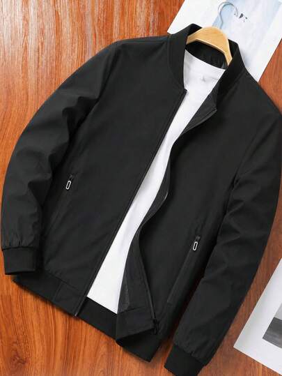 Men's Black Flight Jacket, Zipper Front Baseball Collar, Zipper Pockets, Ribbed Cuffs And Hem, Casual Commuter Outerwear For Spring And Autumn Sports