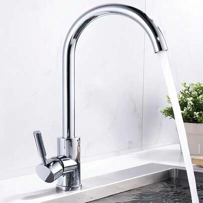 1PC Stainless Steel Single Handle Kitchen Mixer Tap, High Bend 360° Swivel Spout Faucet, Single Hole Installation Hot & Cold Water Sink Faucet For Home Use