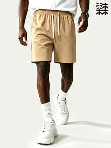 Mulinsen Men's Drawstring Elastic High Waist Straight Leg Bermuda Shorts, Solid Color Minimalist Casual Sports Shorts, Loose Fit Mid-Length Pants - Khaki - View 3
