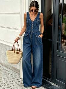 Women Jumpsuits - 中等水洗藍 - 查看 2
