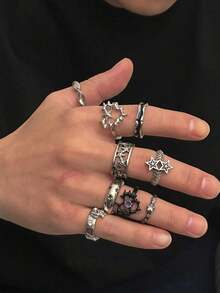 9pcs Gothic Star & Thorn Stackable Open Ring Set, Vintage Dark Street Style Unisex Fashion Accessories - Antique Silver - View 6