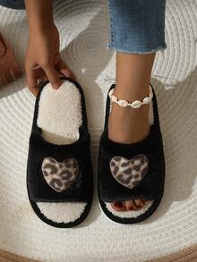 Women's Fuzzy Slippers, Heart & Leopard Print, New Open Toe Indoor/Outdoor Home Fashion Shoes, Autumn/Winter - Black - View 2