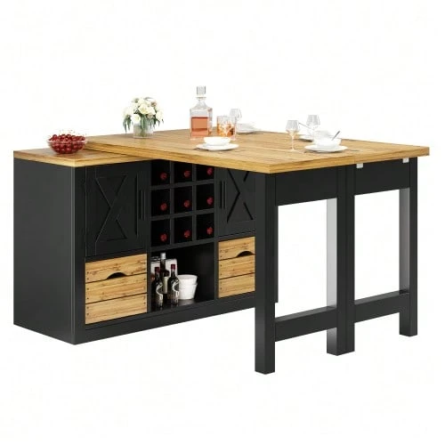 Mesa de comedor extensible tipo isla de cocina, mesa de comedor multifuncional con aparador, superficie de mesa giratoria 360°, mesa de cocina extensible con gran capacidad de almacenamiento, mueble de pared para sala de estar, negro - Ver 1