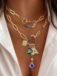 1pc Gold Letter Necklace, Luxury Heart-Shaped Lock With Lock And Green Diamond Pendant Necklace, Exquisite Holiday Party Gift For Women - Yellow Gold - View 2