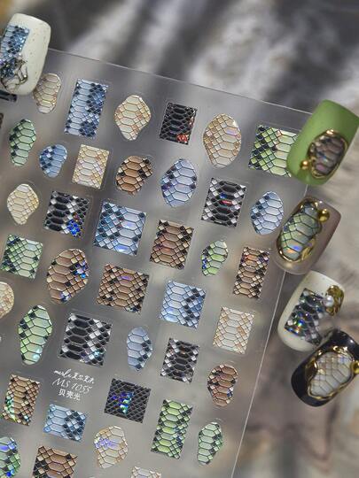 5D Embossed Nail Stickers, Transparent Iridescent Shell Pearl Snake Skin Square Teardrop Self-Adhesive Decals, Matte Multi-Tone Metallic Gloss, Y2K Dark Elegant Mermaid Alt For Home Salon Press On Nails & Daily Punk Manicure,1pc