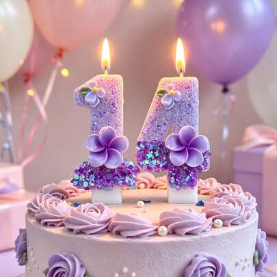 1pc Purple Gradient Glitter Plumeria Number Birthday Candle, 3D Floral Drip-Proof Cake Topper, Baking Dessert Decoration Plugin, Princess Style Romantic Decor, Suitable For Girls' Milestone Birthday, Birthday, Wedding And Anniversary Party Photo Props