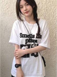 Women Black Loose Crew Neck Y2K Short Sleeve  Letter Print Versatile Summer Tee Fast Local Delivery - 白色 - 查看 2