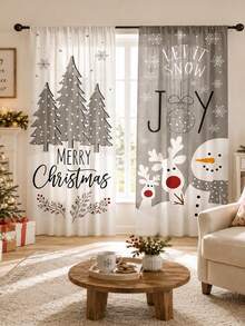 2pcs Gray Tone Minimalist Reindeer Snowman Christmas Tree Christmas Print Curtains, Rod Pocket Polyester Fabric, Simple Line Pine Tree Red Berry Snowflake Holiday Text Full Print, Nordic Cold Style Quiet Winter Christmas, Machine Washable, Kitchen Living Room Bedroom Decor Window Treatment - Multicolor - View 2