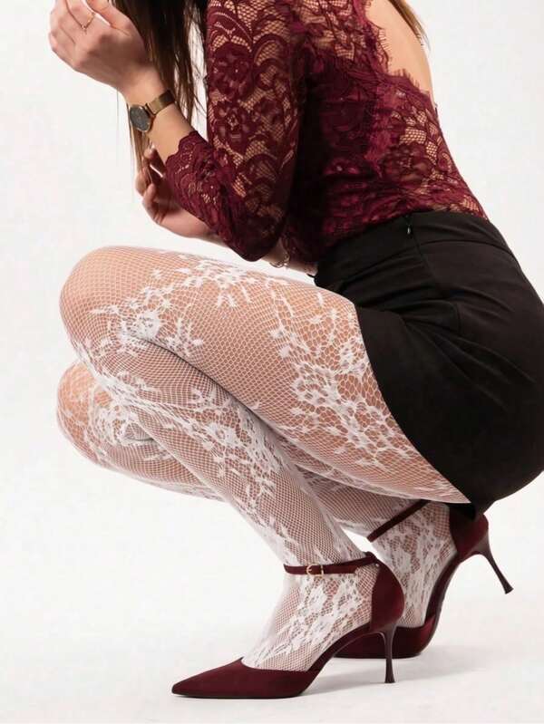 Women's Vintage Floral Pattern Fishnet Tights, Sheer Lace Mesh Leggings, Slim Fit High Waist Pantyhose, Suitable For Matching With Dresses And High Heels