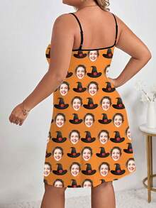 Personalized Custom Face Women's Camisole Nightgown, Halloween Witch Hat All-Over Print Sleeveless Nightgown, Holiday Gift For Women - Burnt Orange - View 2