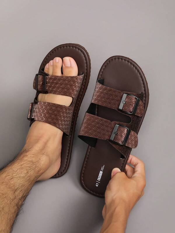 Men's Non-Slip Embossed PU Cross-Strap Slide Sandals, All-Over Hexagonal Geometric Pattern Open-Toe Flat Slippers, Pure Black Minimalist Luxury Street Style, Soft Cushioned Insole Rubber Sole, Fashionable Versatile Roman Sandals, Suitable For Summer, Home, Beach And Daily Wear