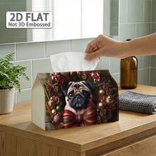 1pc 2D Flat Fabric Tissue Box Cover, Non-Embroidered Printed Christmas Wreath Pug Pattern With Pinecones, Colorful Balls, Stripes And Bows, Holiday Tissue Storage Sleeve, Fits Most Tissues, Sofa Bedside Cabinet Dining Room Home Decor - A - View 9