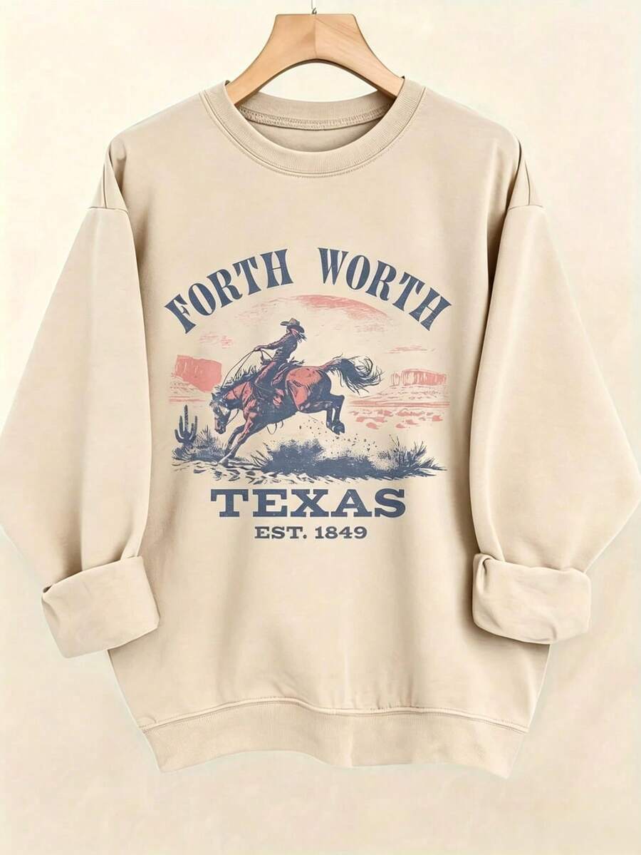 Women's Western Style Fort WorthTexasEST1849CowboyPatternHoodieSoftCrewNeckPulloverWith Cactus And Longhorn DesignComfortableCasualLongSleeve Sweater - 杏色 - 查看 1