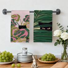 2PCS Kitchen Towels With Tropical Plants And Black Cat Pattern Print, 40*60cm Simple Style Rectangular Microfiber Kitchen Towels, Dish Cloths, Tablecloths, Hand Towels, Kitchen Decor, Housewarming Gifts For Neighbors, Perfect For Kitchen And Bathroom Use, Suitable For Housewives And Family Gatherings, High Cost-Performance, Home Essential - Multicolor - View 8