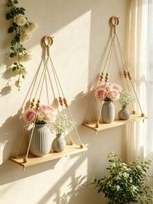 1/2件套木珠编织悬挂式收纳架，浅色木绳壁挂式置物架，波西米亚农舍风格悬挂式植物架，适用于室内客厅卧室墙面，时尚绳索悬挂式装饰架，现代波西米亚风悬挂式收纳架，多功能木珠编织壁挂架，简约优雅悬挂式置物架，时尚家居装饰展示架，适用于浴室厨房卧室或客厅墙面 - 彩色 - 查看 2