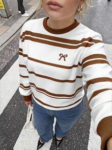Dripcurv Casual Minimalist Khaki Striped Print Pattern Crew Neck Loose Fit Plus Size Women Sweatshirt, White Long Sleeve Tops Sleeve/Winter Fall - Multicolor - View 3
