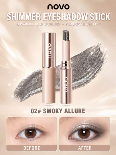 NOVO Bâton d'ombre à paupières brillant de couleur unie, crème éclaircissante pour les yeux à double usage, texture crémeuse, maquillage en une étape, sans pinceau nécessaire, imperméable et anti-taches, bâton de paillettes soyeux, convient pour illuminer le coin interne de l'œil, maquillage quotidien et de fête