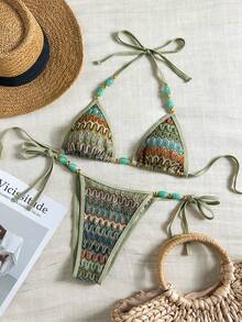 Bikinx Women's Bohemian Style Halter Neck Backless Textured Fabric Beaded Bikini Set, Side Tie Swim Bottoms, Suitable For Beach Wear - Multicolor - View 6