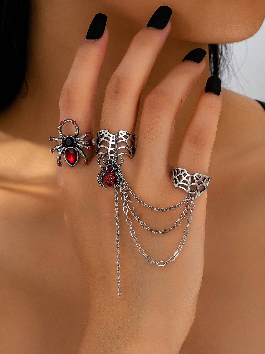 Juego de 2 anillos de nudillo góticos con cadena de telaraña, estilo vintage antiguo en plata con araña de strass rojo, joyería de dedo con cadena y borla - Multicolor - Ver 1
