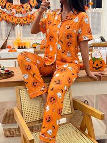 2PCS Halloween Cartoon Pumpkin And Ghost Print Short Sleeve Top And Long Pants Pajama Set, Comfortable And Cute Halloween Party Home Wear Set For Autumn/Winter - Orange - View 4