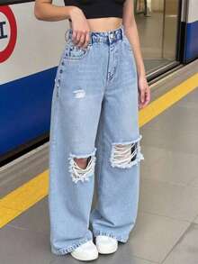 Young Girl New Fashion Distressed Casual Soft Long Pants - Blue - View 1